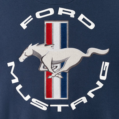 close up of a Ford Mustang tribar pony logo graphic on a navy blue background