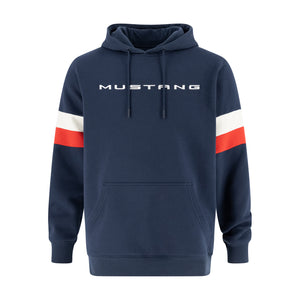 navy blue hoodie with white mustang text and red and white striped sleeves on a white background