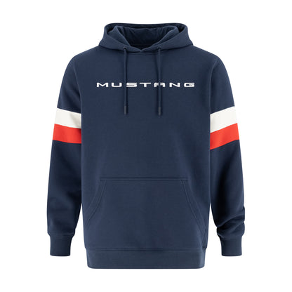 navy blue hoodie with white mustang text and red and white striped sleeves on a white background
