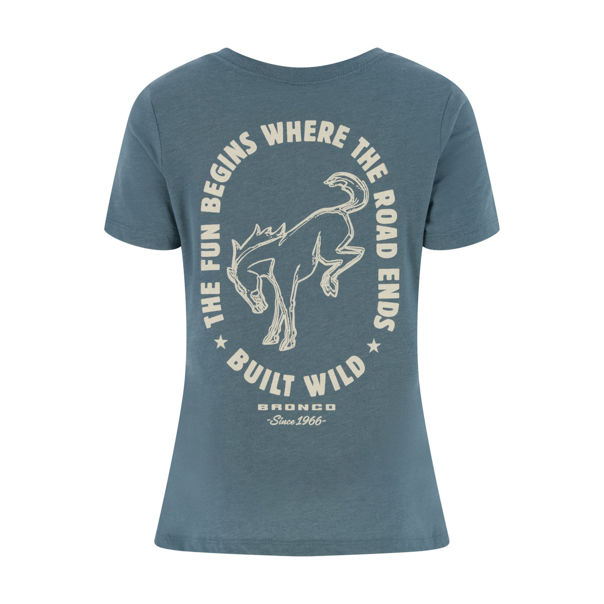 A slate blue short-sleeve t-shirt with a vintage-style cream graphic on the front. The graphic features a bronco outline surrounded by the text 'THE FUN BEGINS WHERE THE ROAD ENDS' and 'BUILT WILD', with 'BRONCO Since 1966' printed below.