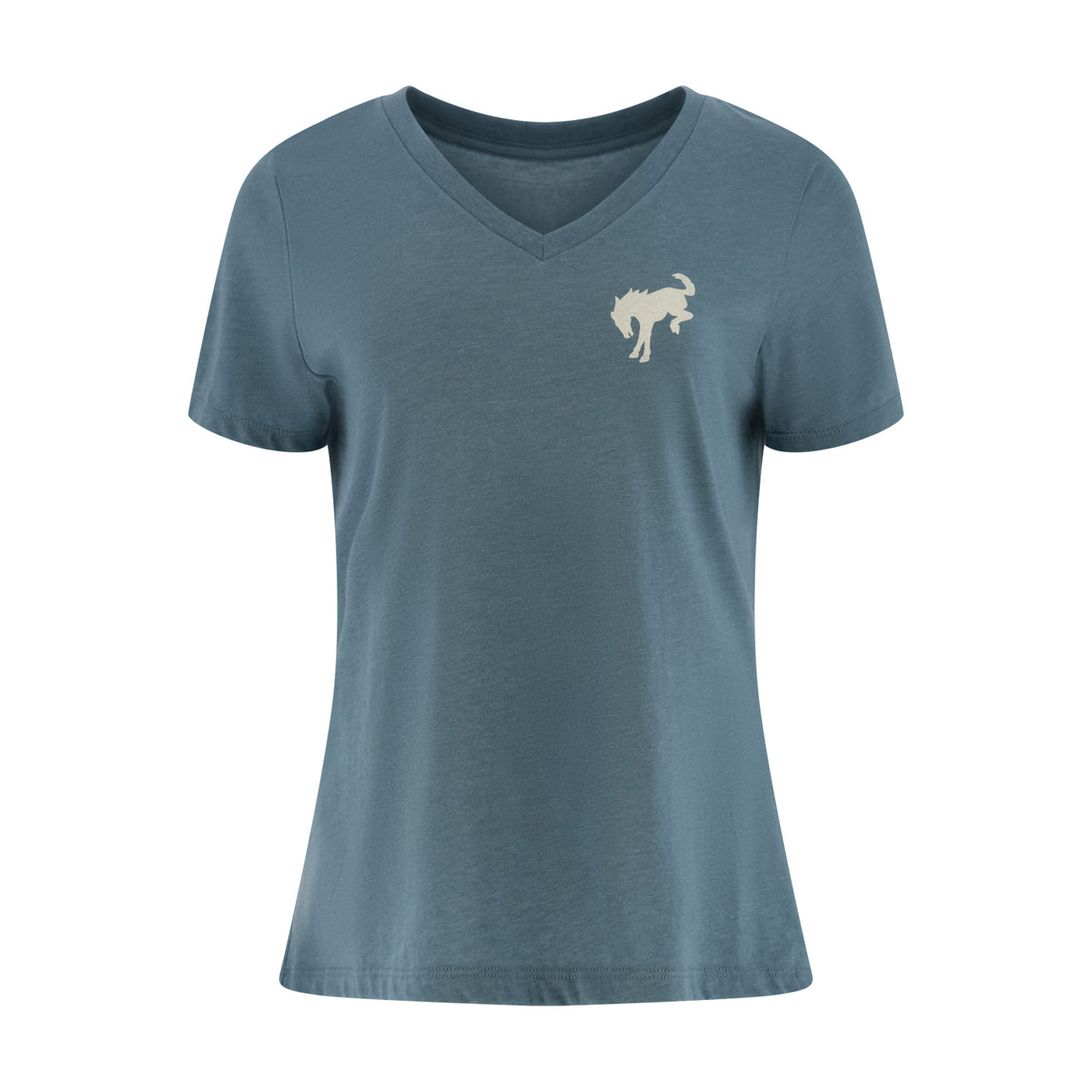 A women's slate blue V-neck t-shirt with a small white dog silhouette printed on the left chest, shown against a plain white background.