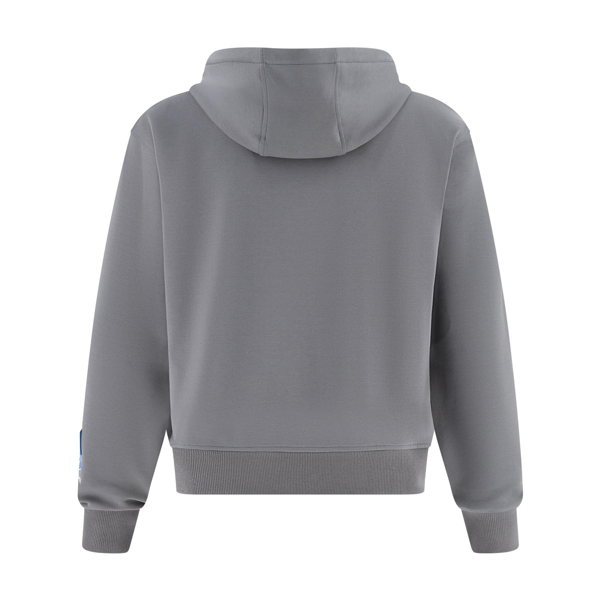 A gray pullover hoodie shown from the back, featuring a simple hood, long sleeves, ribbed cuffs, and a ribbed hem, displayed on a solid white background.