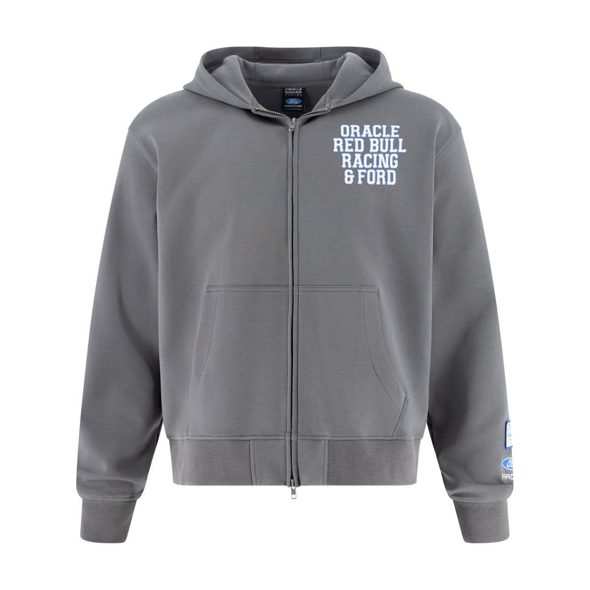 A gray zip-up hoodie with a white printed text graphic on the left chest reading 'ORACLE RED BULL RACING & FORD', shown against a plain white background.
