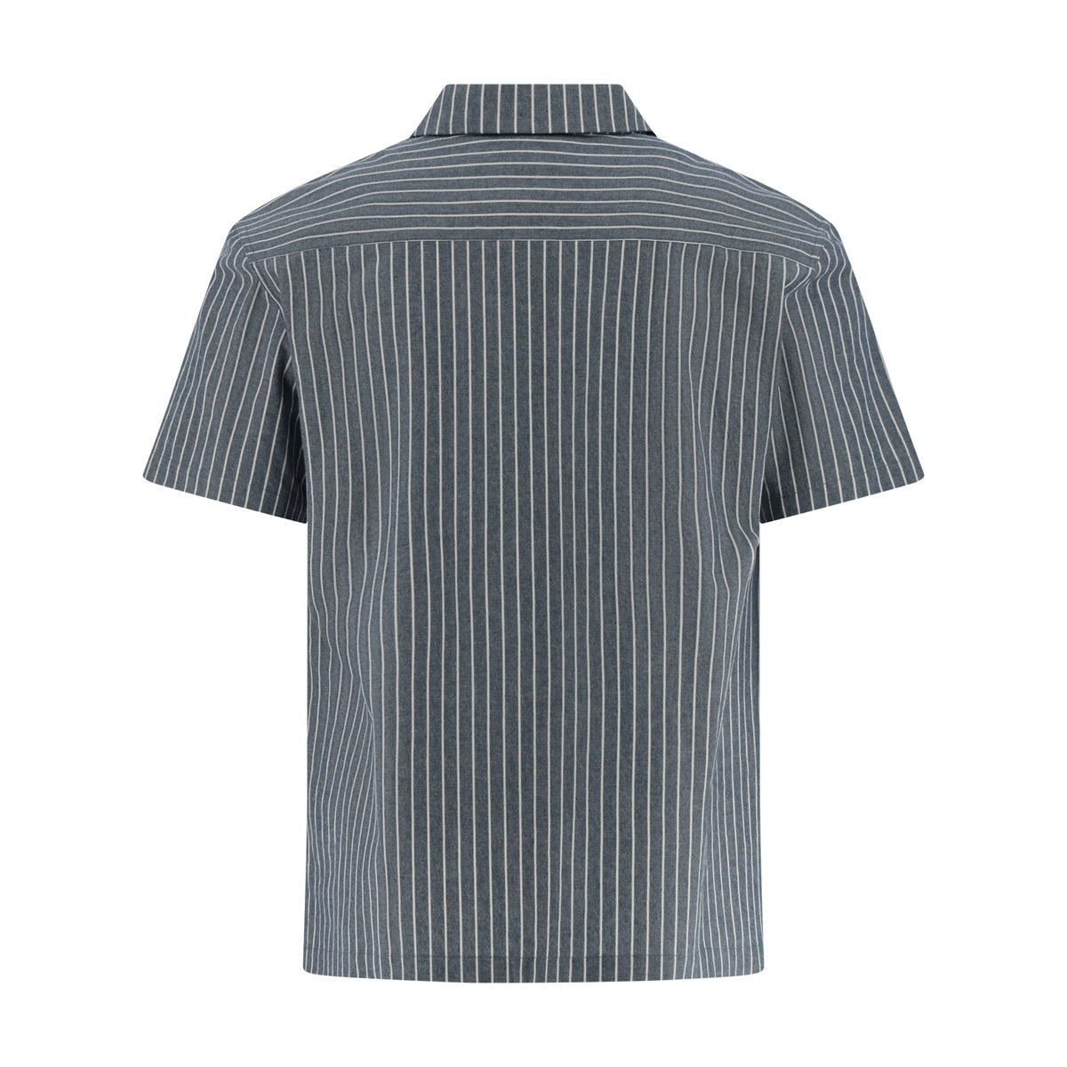 Short-sleeve button-up shirt shown from the back, featuring a vertical pinstripe pattern in dark gray and white on a solid white background.