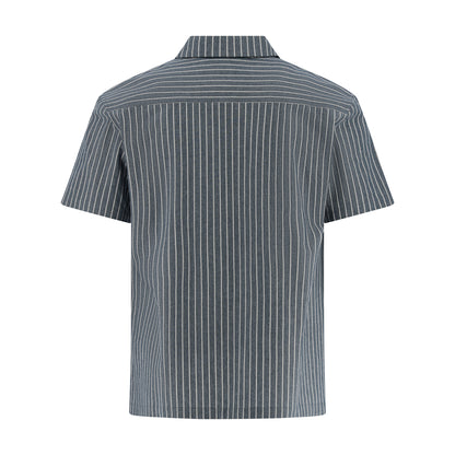 Short-sleeve button-up shirt shown from the back, featuring a vertical pinstripe pattern in dark gray and white on a solid white background.