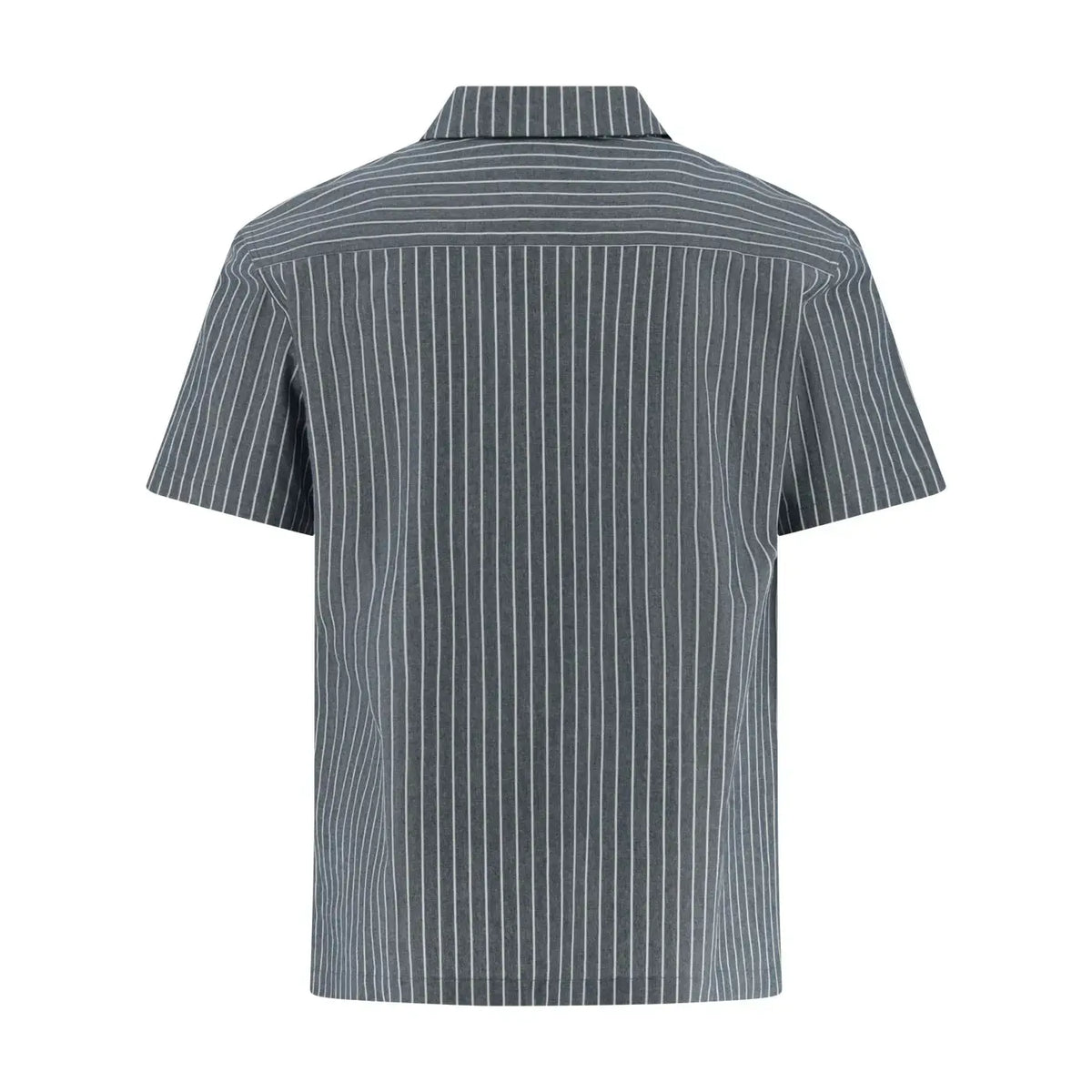 Short-sleeve button-up shirt shown from the back, featuring a vertical pinstripe pattern in dark gray and white on a solid white background.