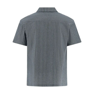 Short-sleeve button-up shirt shown from the back, featuring a vertical pinstripe pattern in dark gray and white on a solid white background.