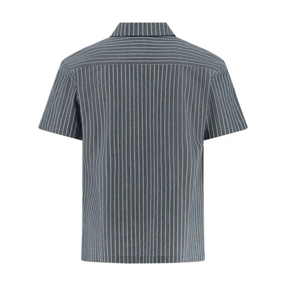 Short-sleeve button-up shirt shown from the back, featuring a vertical pinstripe pattern in dark gray and white on a solid white background.