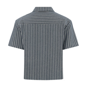 A short-sleeve button-up shirt shown from the back, featuring a dark gray base with thin white vertical pinstripes.