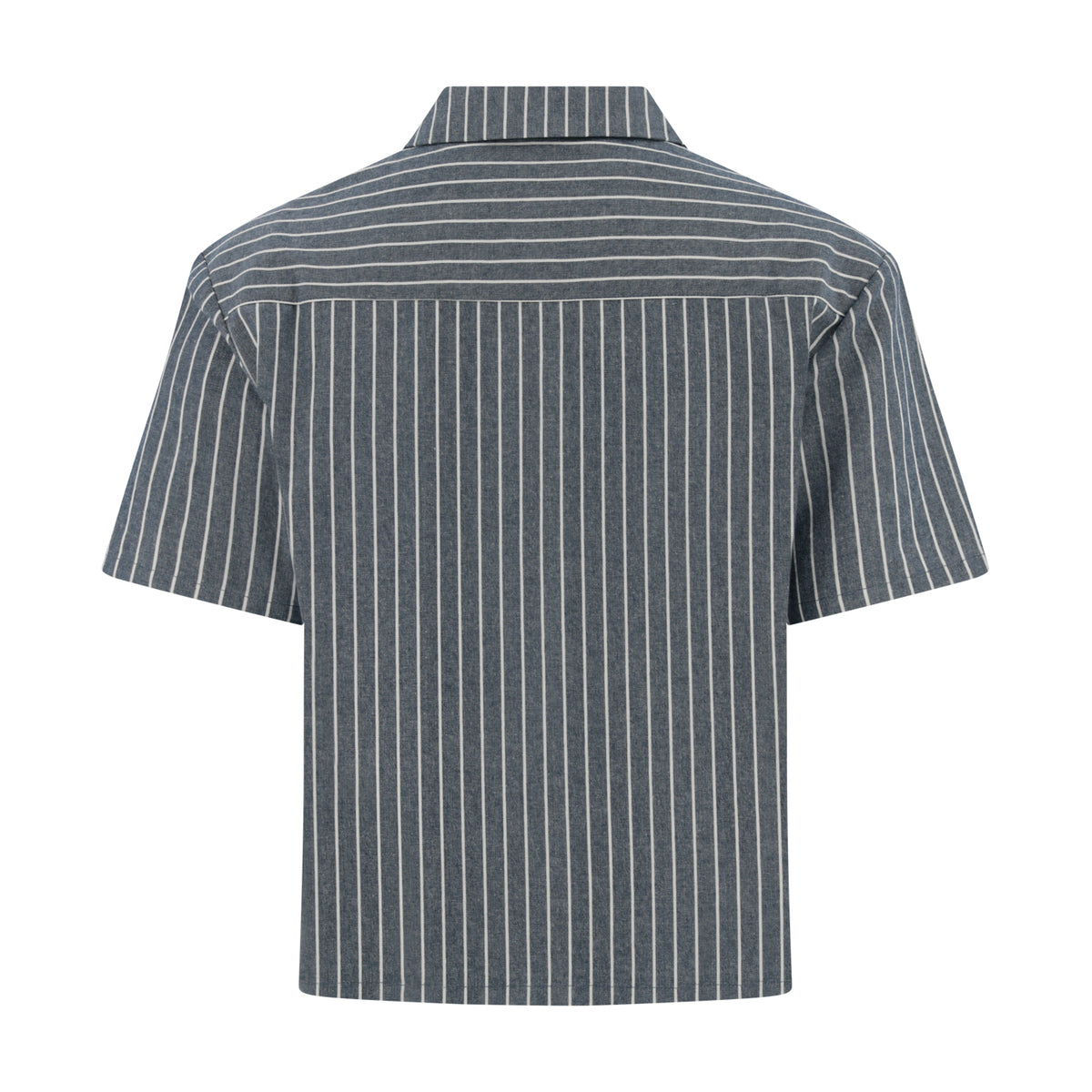 A short-sleeve button-up shirt shown from the back, featuring a dark gray base with thin white vertical pinstripes.