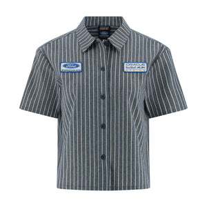 A short-sleeve button-up shirt with vertical gray and white pinstripes, featuring a Ford logo patch on the left chest and an Oracle Red Bull Racing patch on the right chest, displayed on a clean white background.