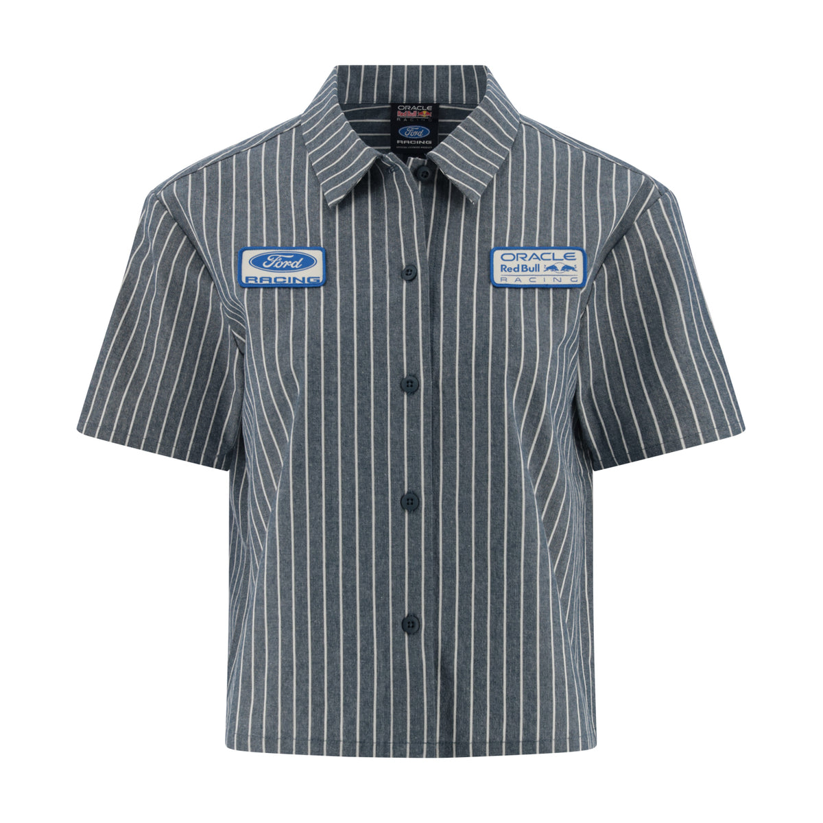 A short-sleeve button-up shirt with vertical gray and white pinstripes, featuring a Ford logo patch on the left chest and an Oracle Red Bull Racing patch on the right chest, displayed on a clean white background.