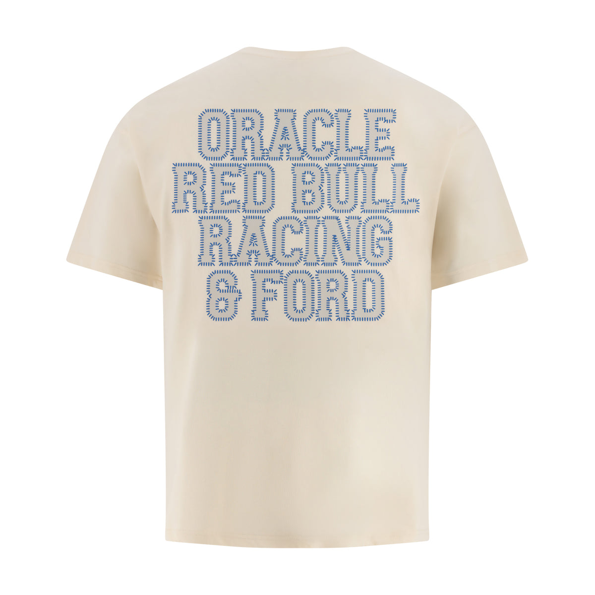 A cream-colored short-sleeve t-shirt shown from the back, featuring the text 'ORACLE RED BULL RACING & FORD' printed in a blue dotted-out font.