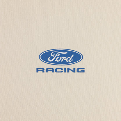 A blue Ford Racing logo decal centered on a textured off-white fabric background.