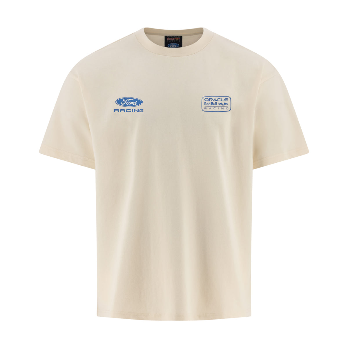 A cream-colored short-sleeve t-shirt featuring a blue Ford Racing logo on the left chest and a circular Track of the Americas Racing logo on the right chest, displayed on a clean white background.