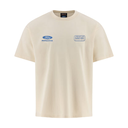 A cream-colored short-sleeve t-shirt featuring a blue Ford Racing logo on the left chest and a circular Track of the Americas Racing logo on the right chest, displayed on a clean white background.