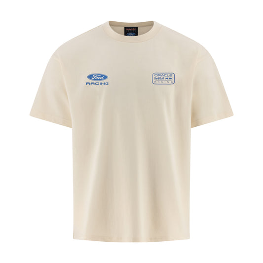 A cream-colored short-sleeve t-shirt featuring a blue Ford Racing logo on the left chest and a circular Track of the Americas Racing logo on the right chest, displayed on a clean white background.