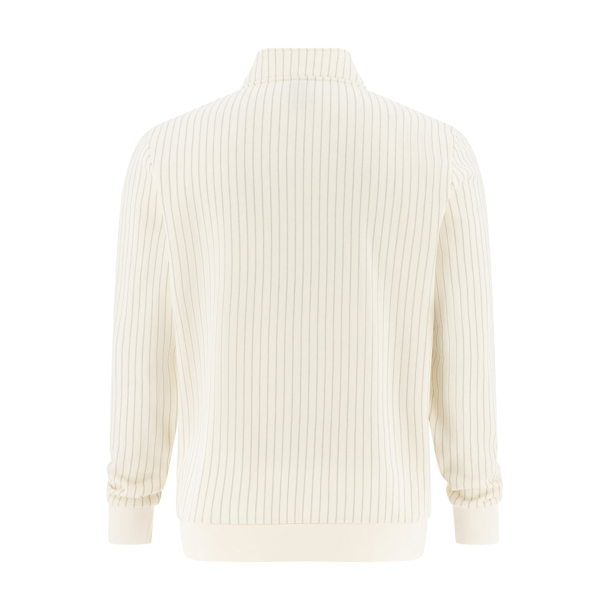 A cream-colored ribbed knit sweater with a mock neck and cuffed sleeves, shown from the back on a solid white background.