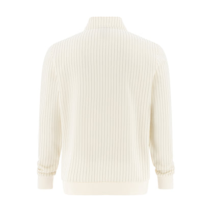 A cream-colored ribbed knit sweater with a mock neck and cuffed sleeves, shown from the back on a solid white background.