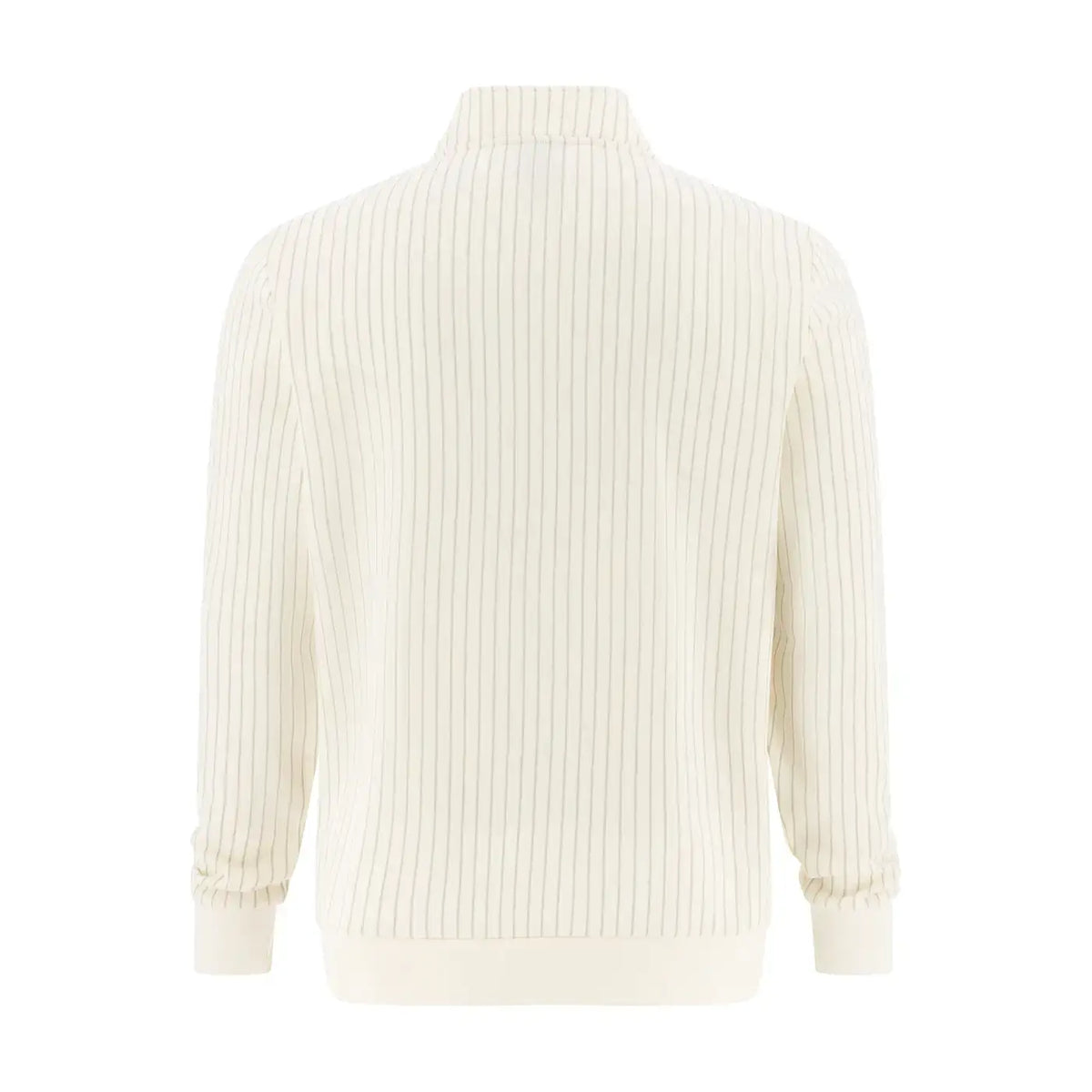 A cream-colored ribbed knit sweater with a mock neck and cuffed sleeves, shown from the back on a solid white background.