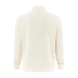 A cream-colored ribbed knit sweater with a mock neck and cuffed sleeves, shown from the back on a solid white background.