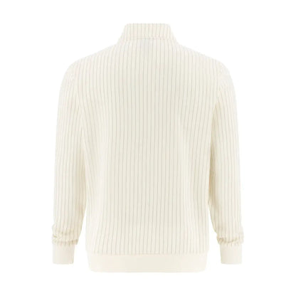 A cream-colored ribbed knit sweater with a mock neck and cuffed sleeves, shown from the back on a solid white background.