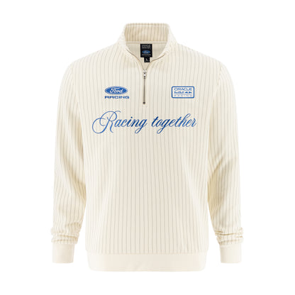 An off-white pinstriped quarter-zip pullover sweatshirt featuring blue Ford Racing and Camel Brand graphics on the chest, displayed on a clean white background.