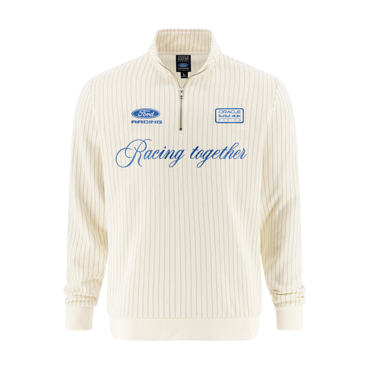 An off-white pinstriped quarter-zip pullover sweatshirt featuring blue Ford Racing and Camel Brand graphics on the chest, displayed on a clean white background.