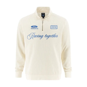 An off-white pinstriped quarter-zip pullover sweatshirt featuring blue Ford Racing and Camel Brand graphics on the chest, displayed on a clean white background.