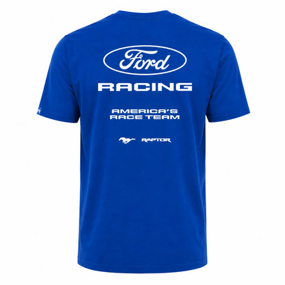 A royal blue short-sleeve t-shirt shown from the back, featuring a large white Ford Racing logo and text including 'America's Race Team' and the Raptor logo.