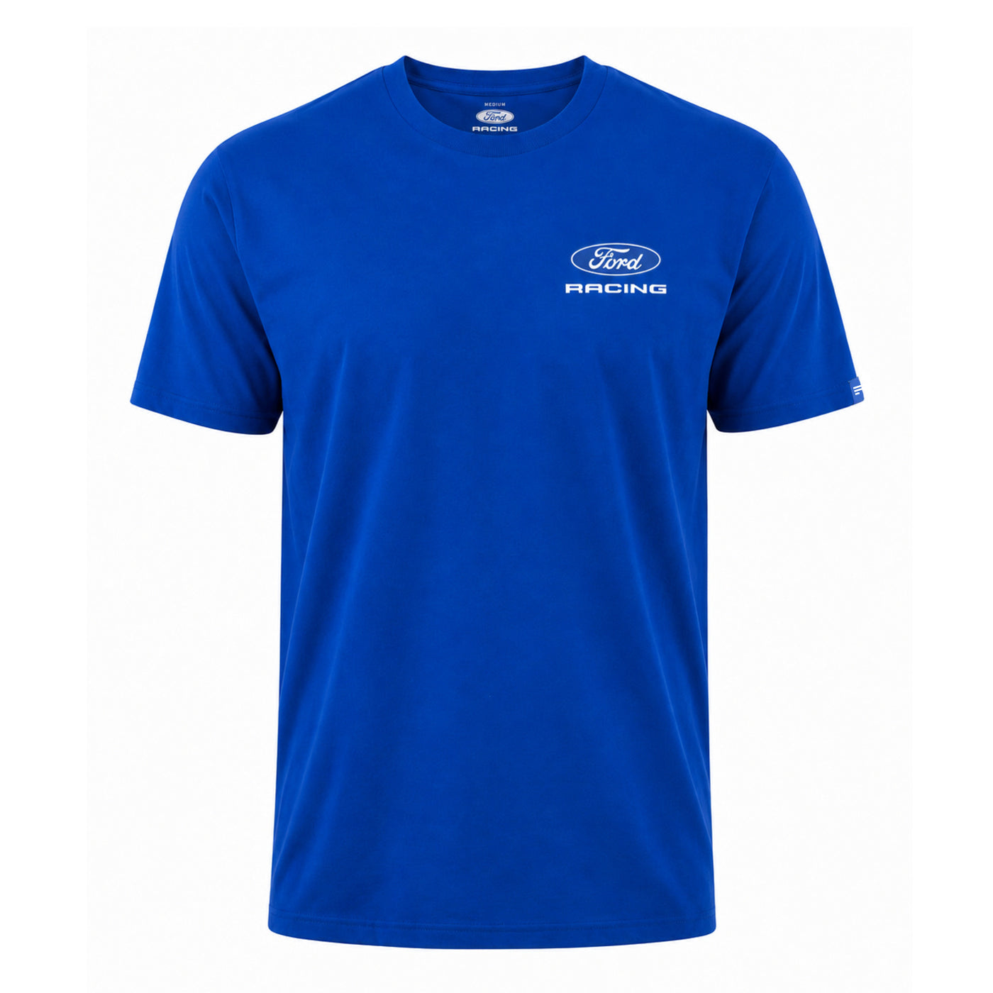 A royal blue short-sleeve crewneck t-shirt featuring a white Ford Racing logo printed on the left chest, displayed on a clean white background.