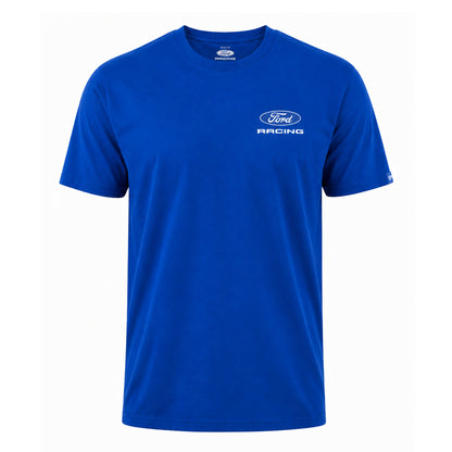 A royal blue short-sleeve crewneck t-shirt featuring a white Ford Racing logo printed on the left chest, displayed on a clean white background.