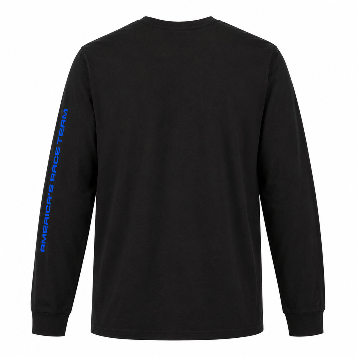 A black long-sleeve t-shirt shown from the back, featuring vertical blue text on the left sleeve that reads 'AMERICA'S RACE TEAM'.