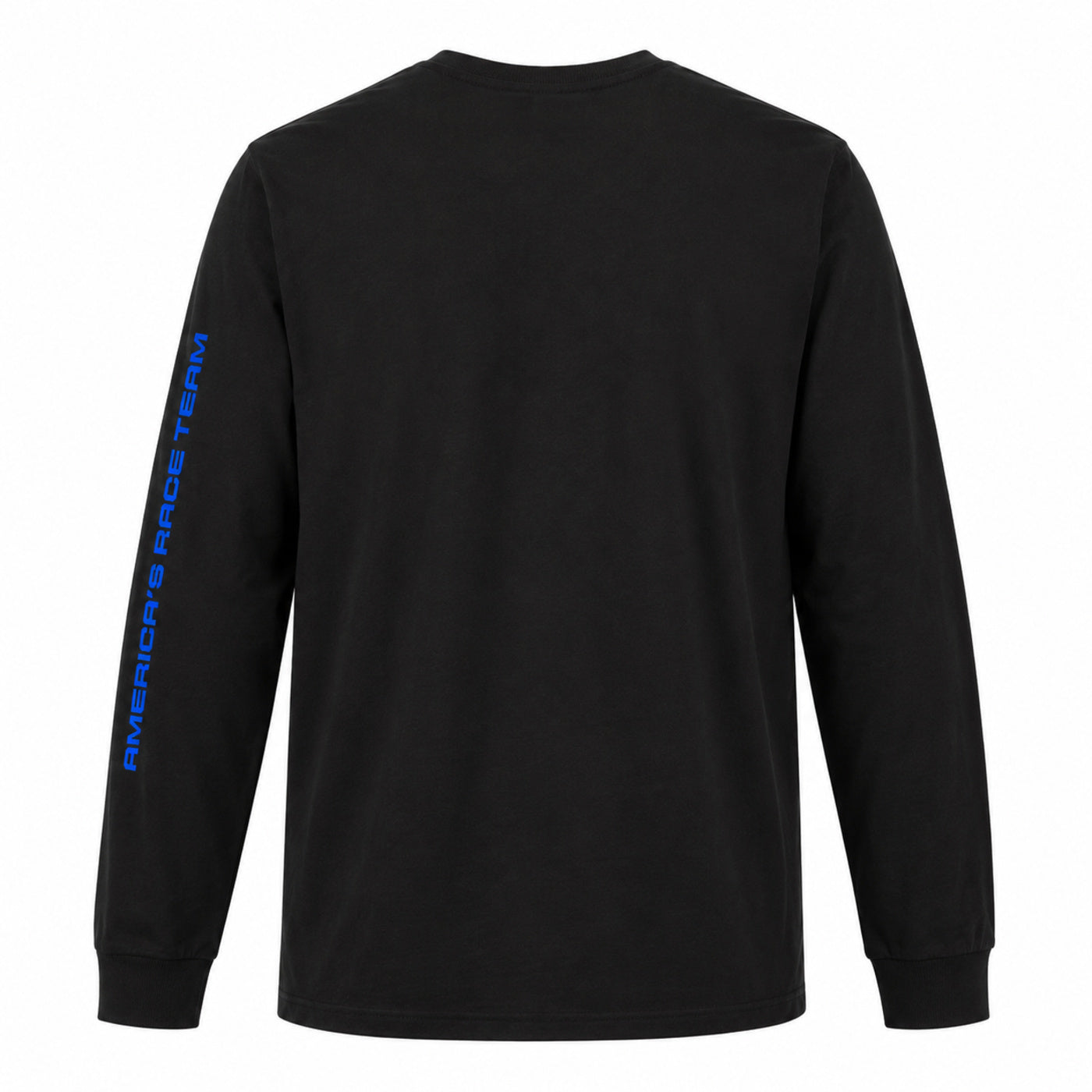A black long-sleeve t-shirt shown from the back, featuring vertical blue text on the left sleeve that reads 'AMERICA'S RACE TEAM'.