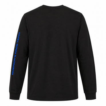 A black long-sleeve t-shirt shown from the back, featuring vertical blue text on the left sleeve that reads 'AMERICA'S RACE TEAM'.