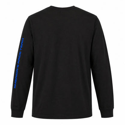 A black long-sleeve t-shirt shown from the back, featuring vertical blue text on the left sleeve that reads 'AMERICA'S RACE TEAM'.