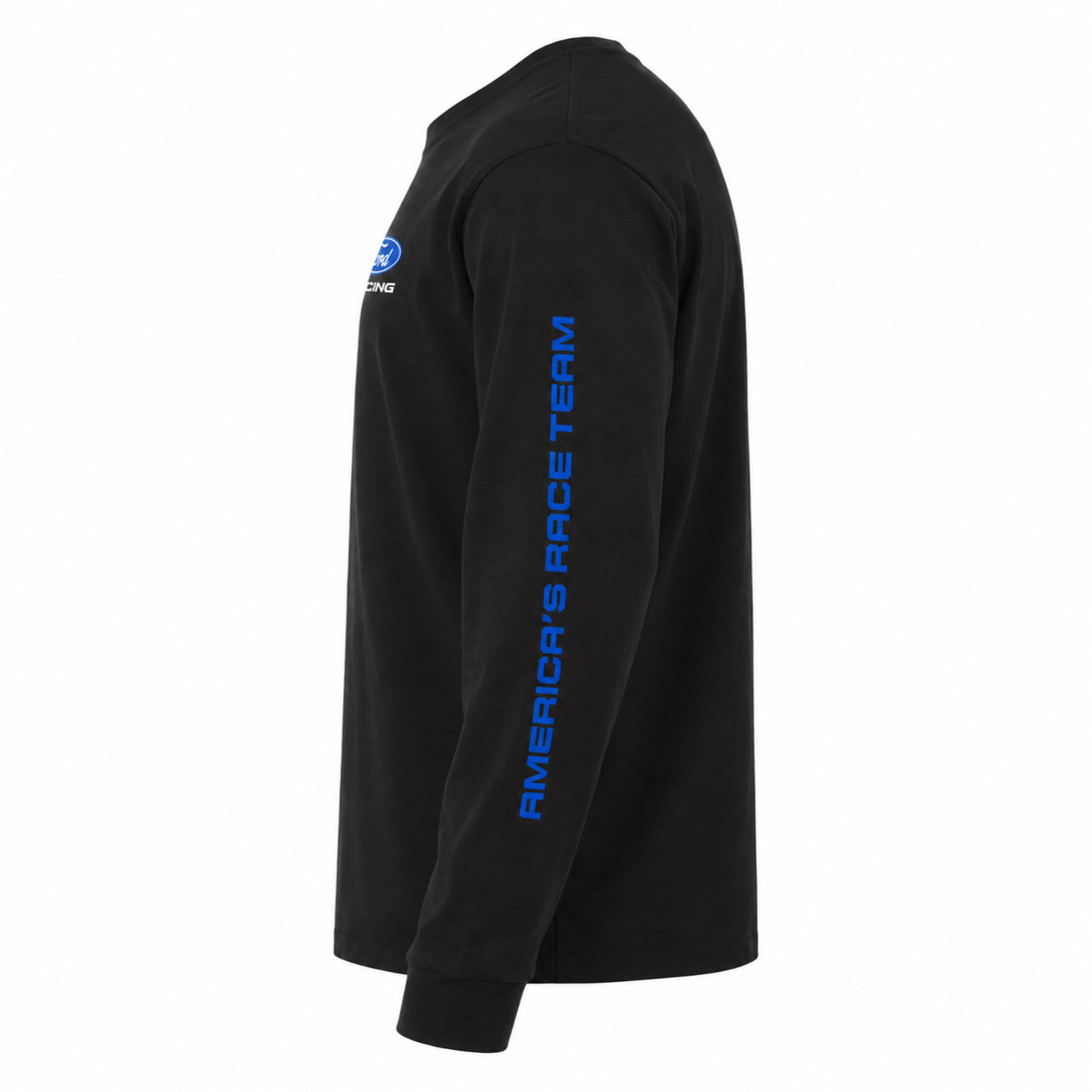 A black long-sleeve crewneck shirt shown from a side profile view, featuring a vertical blue 'AMERICA'S RACE TEAM' text print down the right sleeve and a small blue circular logo on the left chest, set against a plain white background.