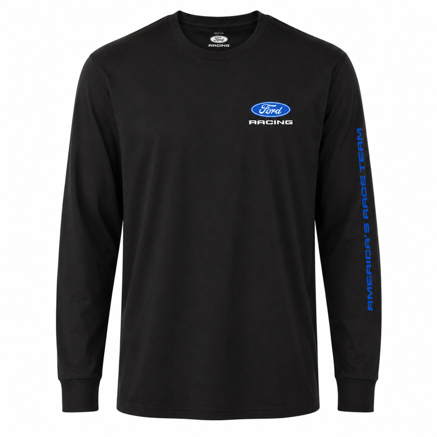 A black long-sleeve crewneck t-shirt featuring a blue and white Ford Racing logo on the left chest and 'AMERICA'S RACE TEAM' printed vertically in blue on the right sleeve, shown against a plain white background.