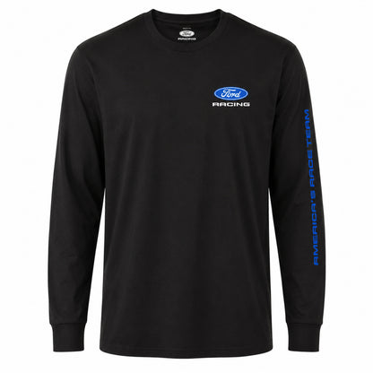 A black long-sleeve crewneck t-shirt featuring a blue and white Ford Racing logo on the left chest and 'AMERICA'S RACE TEAM' printed vertically in blue on the right sleeve, shown against a plain white background.
