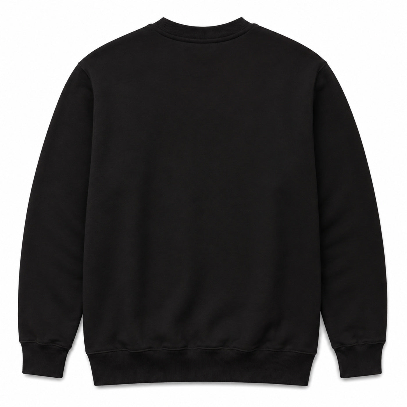 A black crewneck sweatshirt shown from the back, laid flat against a solid white background.