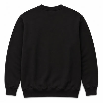 A black crewneck sweatshirt shown from the back, laid flat against a solid white background.