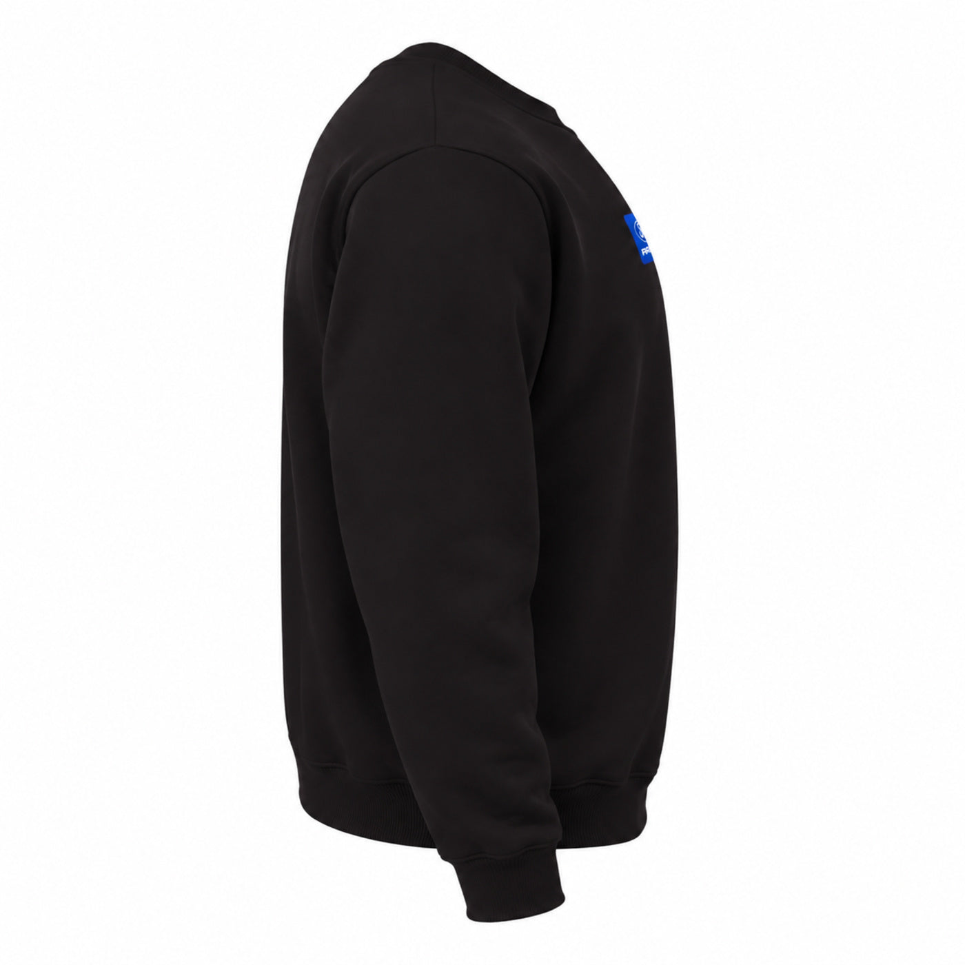 A black crewneck sweatshirt shown from a side profile view against a plain white background, featuring a small blue graphic on the upper right shoulder.