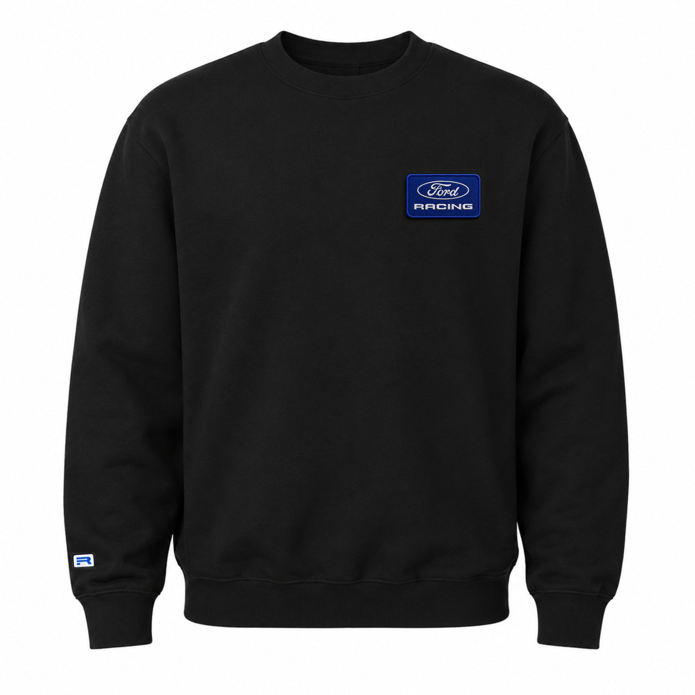 A black crewneck sweatshirt featuring a blue and white Ford Racing logo patch on the left chest, displayed against a solid white background.