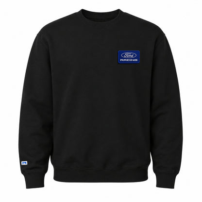 A black crewneck sweatshirt featuring a blue and white Ford Racing logo patch on the left chest, displayed against a solid white background.