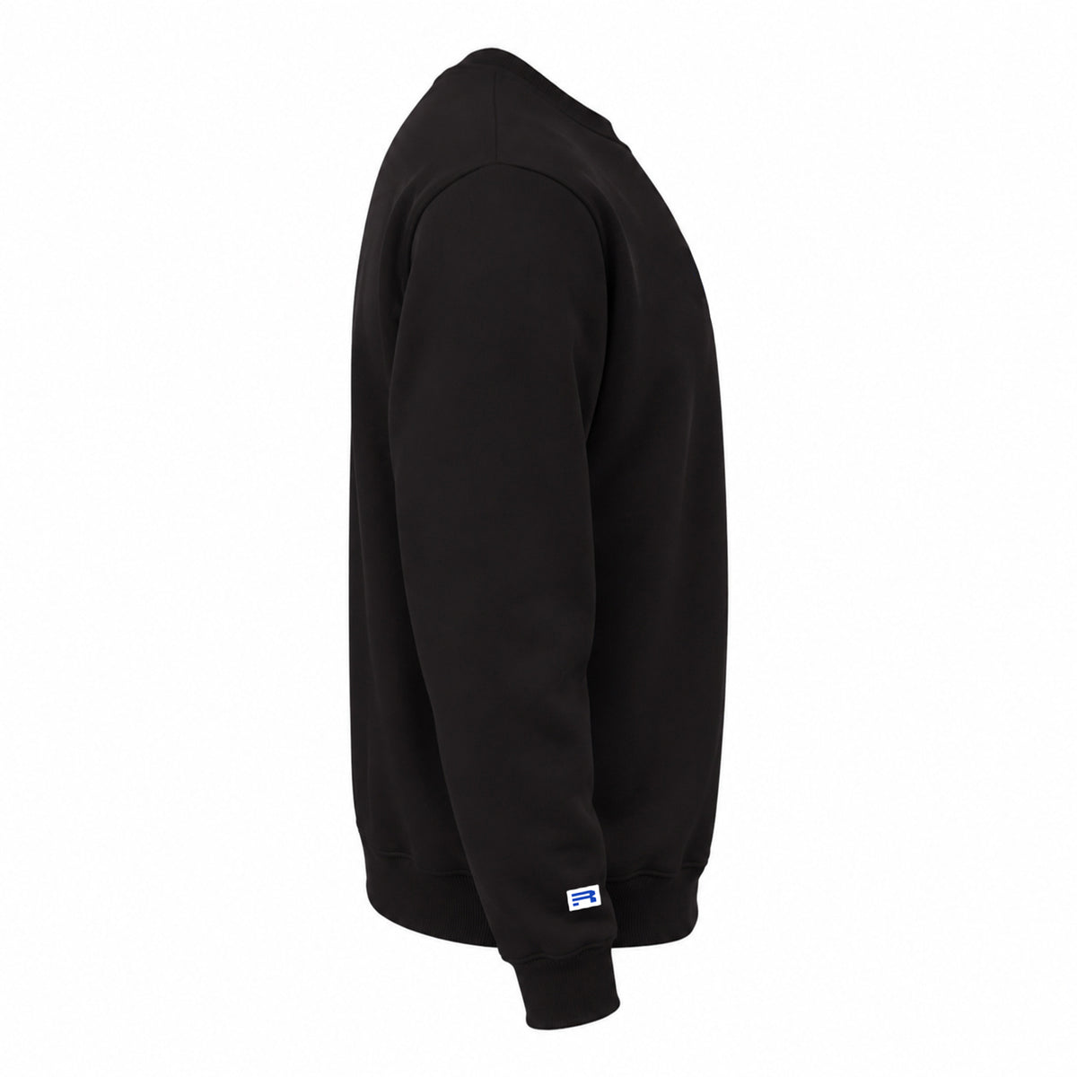 A black crewneck sweatshirt shown from a side profile view against a plain white background.