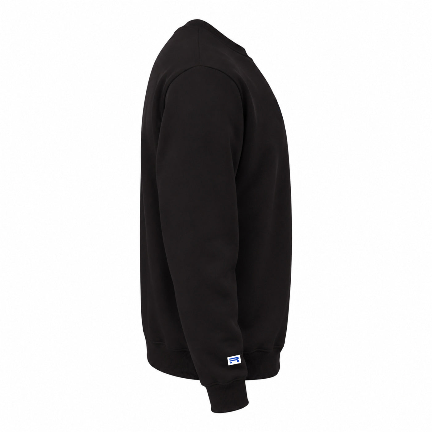 A black crewneck sweatshirt shown from a side profile view against a plain white background.