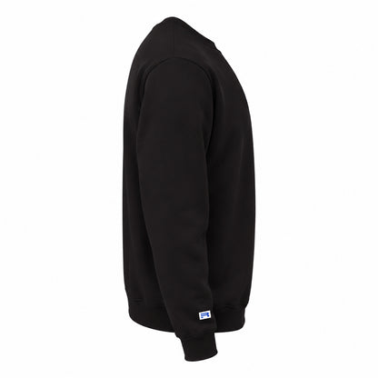 A black crewneck sweatshirt shown from a side profile view against a plain white background.