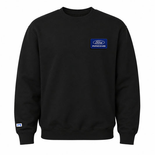 A black crewneck sweatshirt featuring a blue and white Ford Racing logo patch on the left chest, displayed against a solid white background.