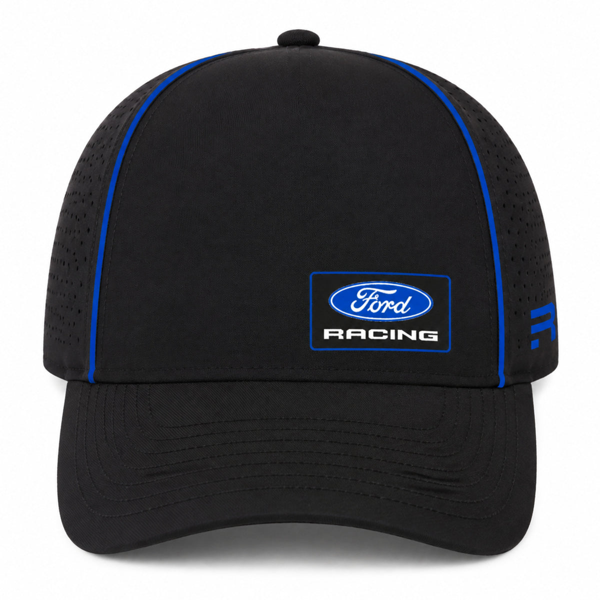 A black Ford Racing baseball cap with blue piping along the side panels and a blue and white embroidered Ford Racing logo patch on the front, set against a plain white background.
