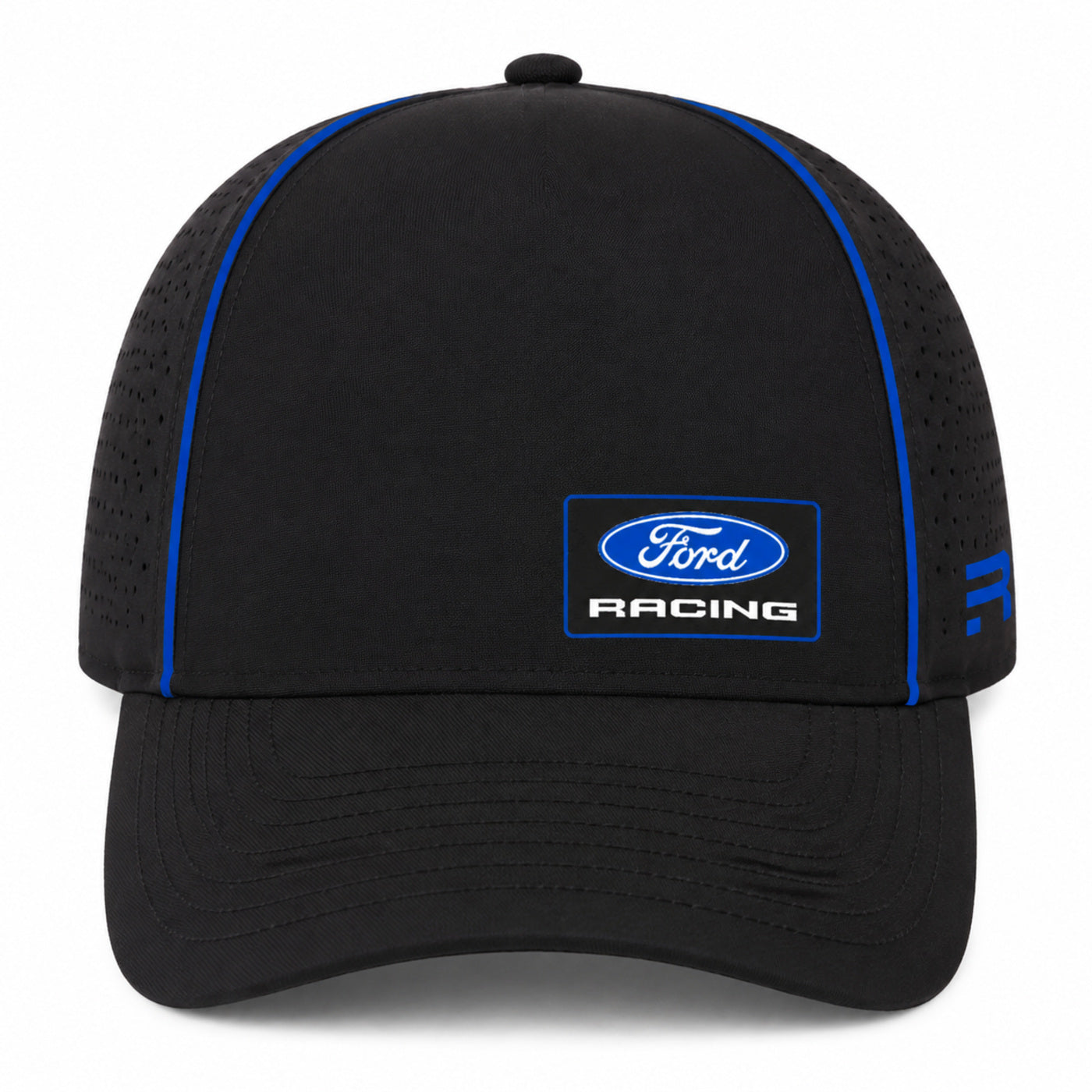 A black Ford Racing baseball cap with blue piping along the side panels and a blue and white embroidered Ford Racing logo patch on the front, set against a plain white background.